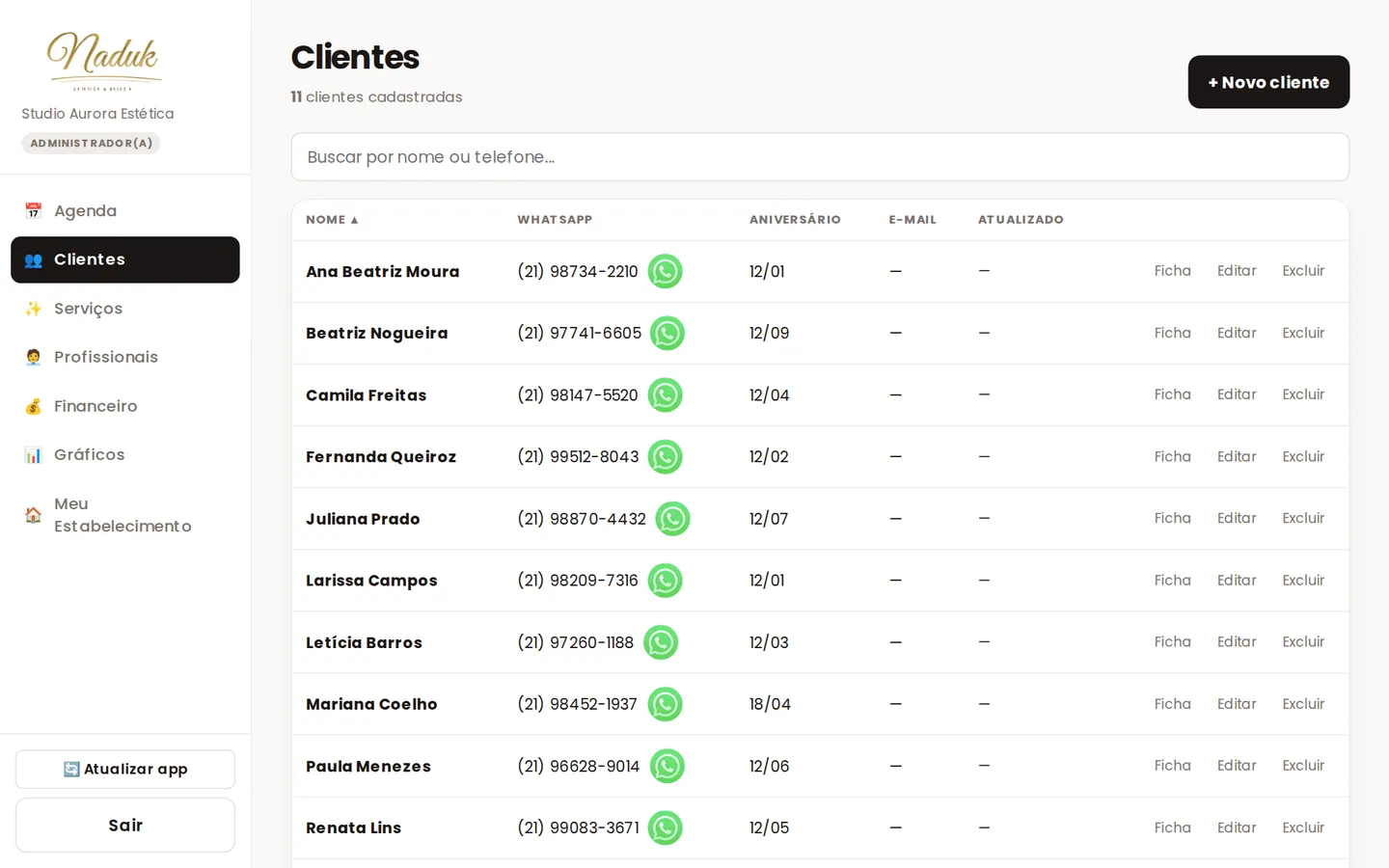 Lista de clientes com atalho para o WhatsApp