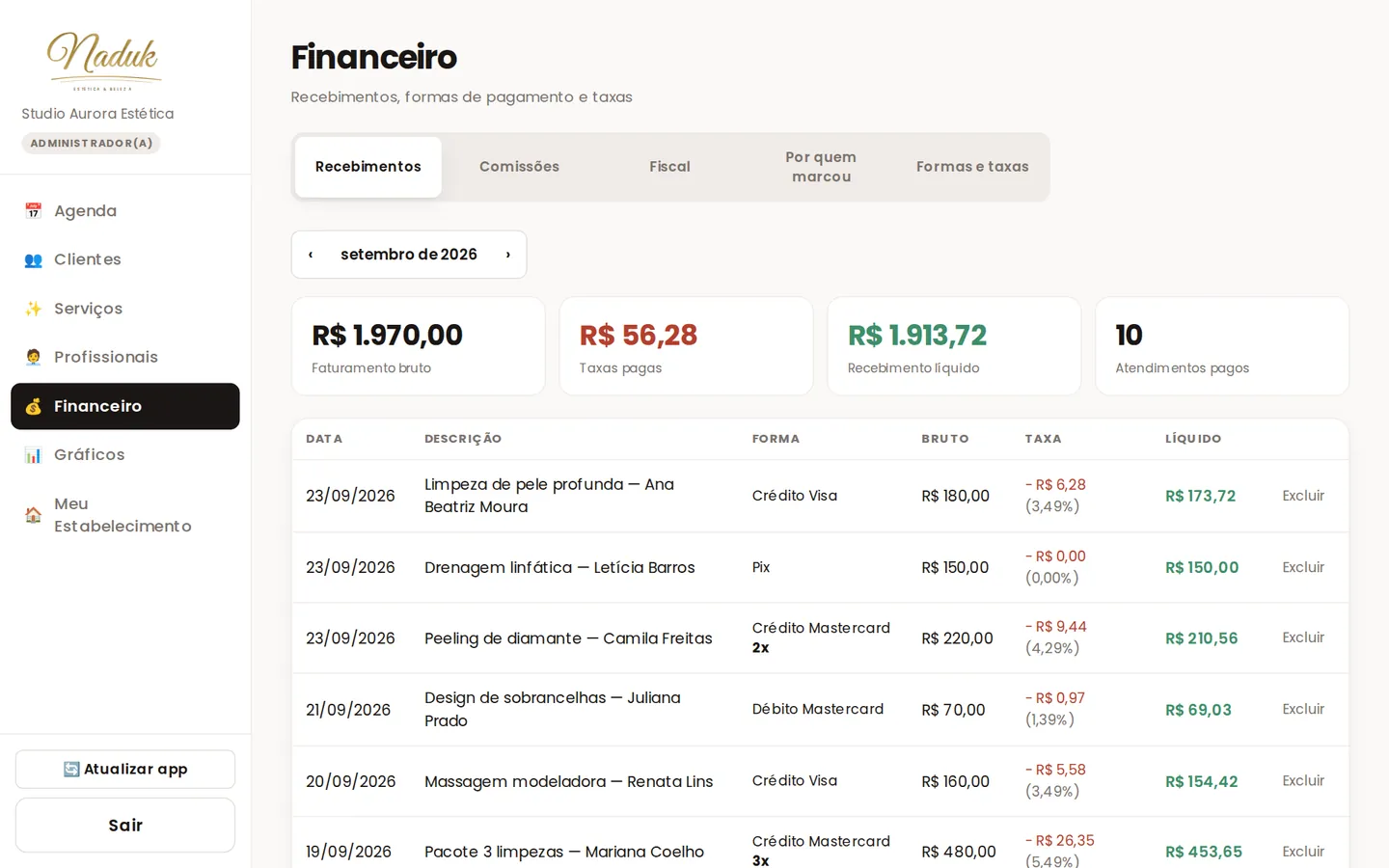 Financeiro com bruto, taxa e líquido de cada recebimento