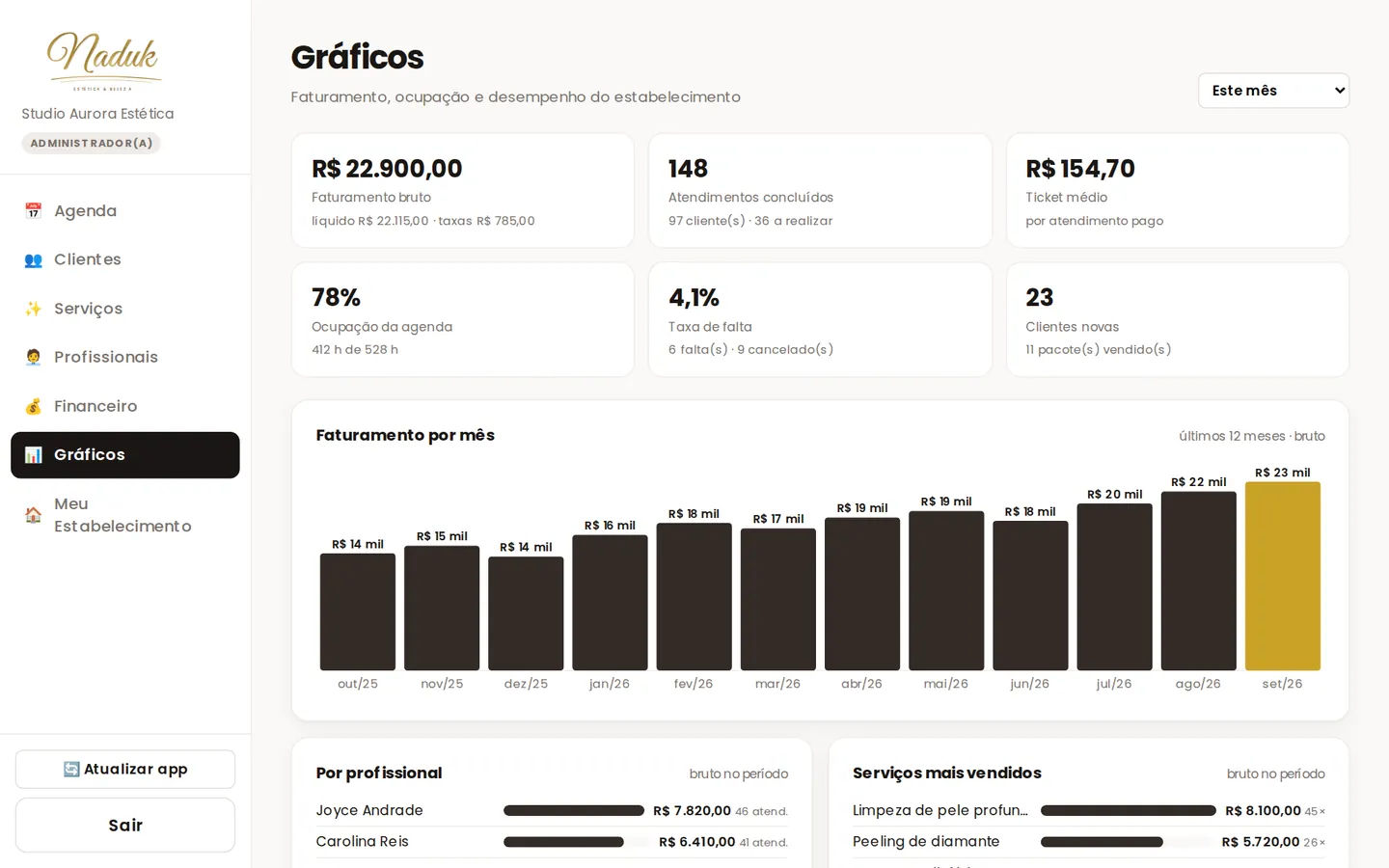 Painel de gráficos com faturamento por mês e indicadores